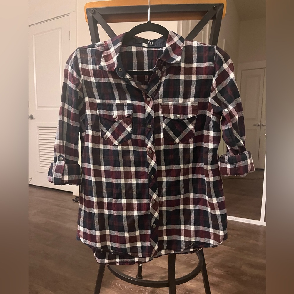 Kut from the Kloth Navy and Burgundy Plaid Shirt